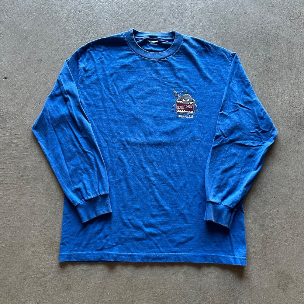 Vintage 90s‎ Hawaii Shark Long Sleeve Shirt Size Large Blue Bite Me Funny Parody
